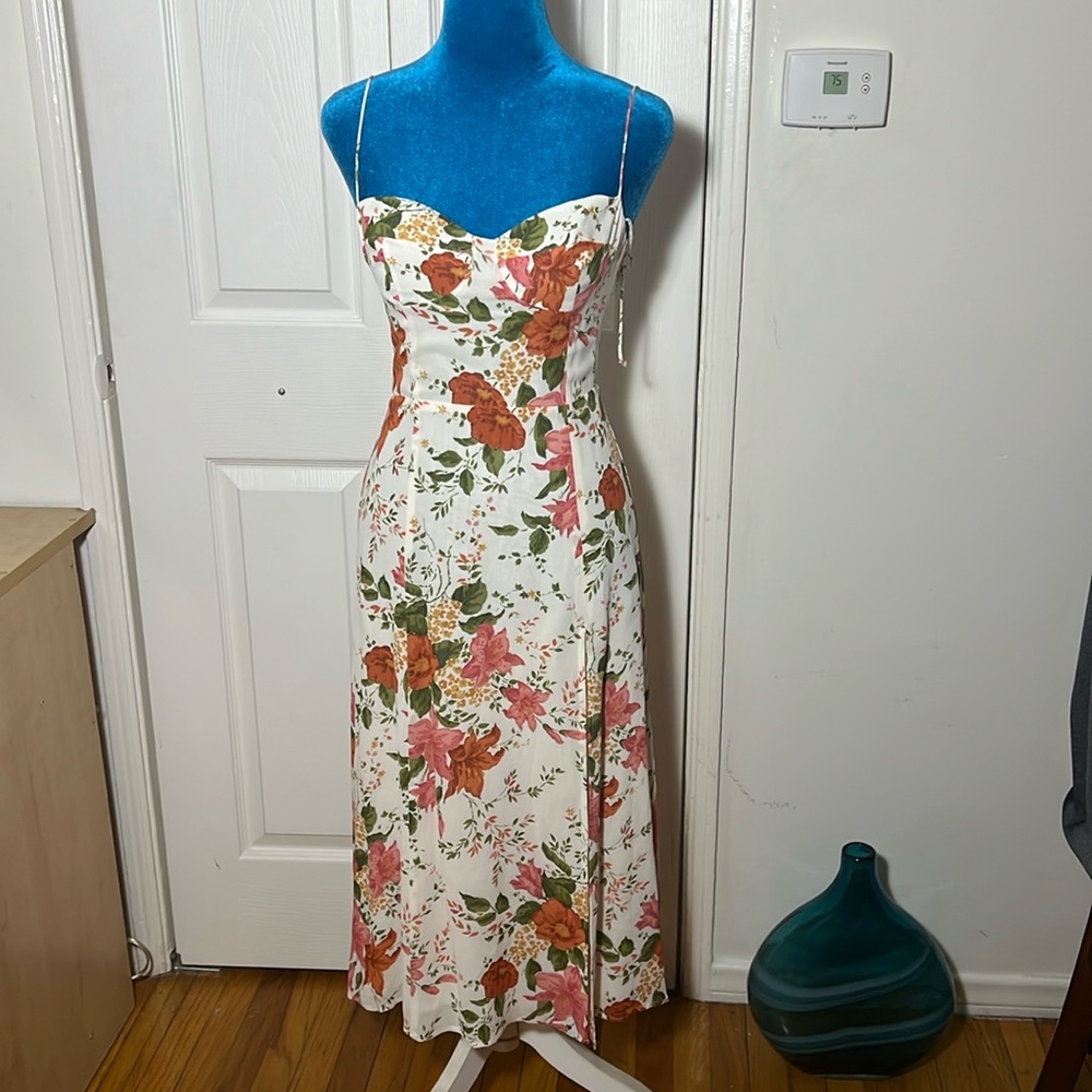 Reformation White Floral Midi Dress with Orange and Pink Blooms